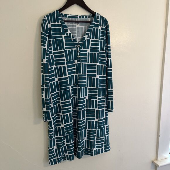 GARNET HILL Organic-Cotton Knit Henley Gown, Teal Geometric- XS - Picture 3 of 9